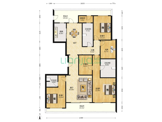 新华园 4室1厅3卫 200平方