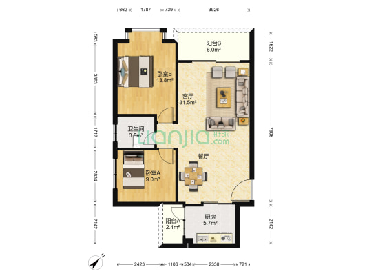 丽城花园 2室1厅1卫 84平方