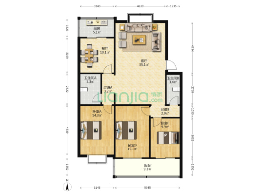 天元小区 3室2厅2卫 135平方