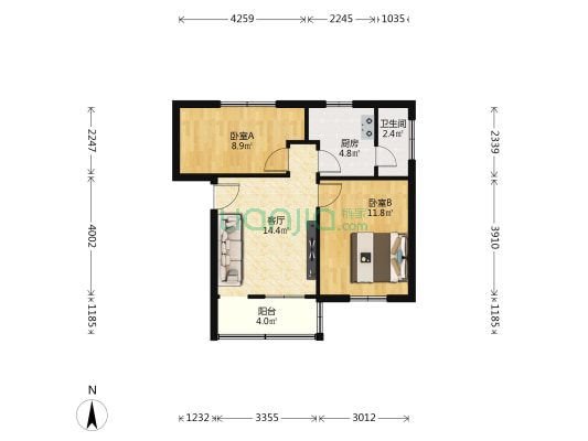 广州开发区外国语学校宿舍 2室1厅1卫 55平方