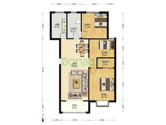 东方景城 3室1厅1卫 114平方