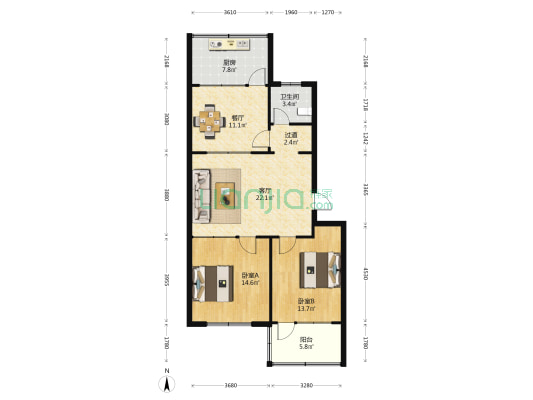 热力公司宿舍 2室2厅1卫 93平方