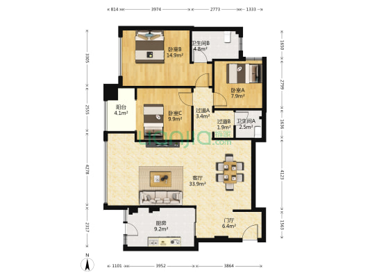 仟坤国际广场西区 3室1厅2卫 114平方