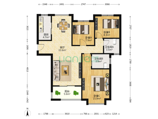 保利百合花园 3室1厅2卫 107平方