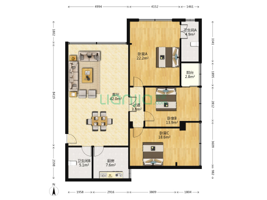 张家湾小区 3室1厅2卫 149平方