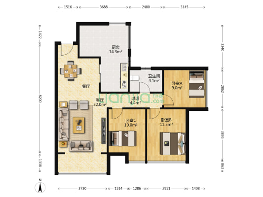 未来方舟D12组团 3室1厅1卫 100平方