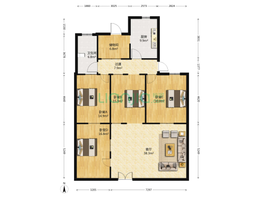 政府生活四区 4室1厅1卫 91平方