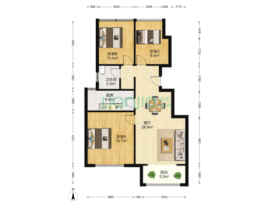恒天花园里 3室1厅1卫 92平方