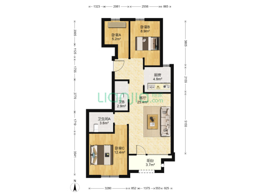 橡树湾·贰号院 3室1厅2卫 98平方