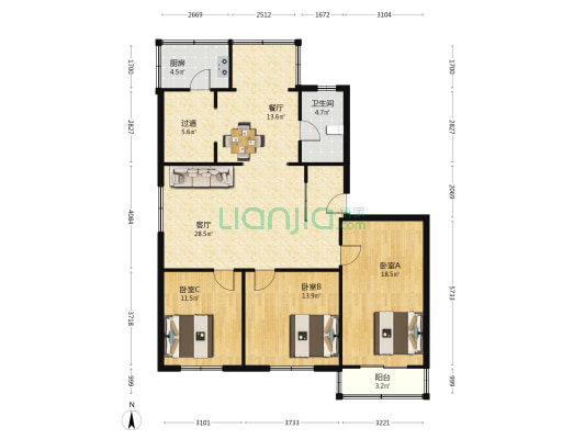 春田小区 3室2厅1卫 128平方