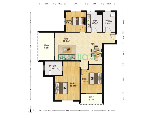 恒大御澜湾 3室1厅2卫 129平方