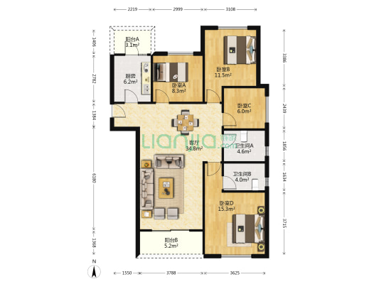 龙湖湘风原著B3区 4室1厅2卫 123平方