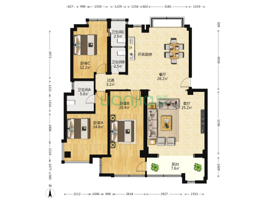 临海苑小区 3室2厅3卫 146平方