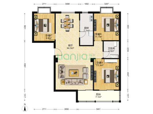 金地花园 3室1厅1卫 133平方