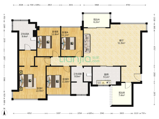 万科公园5号 4室1厅2卫 165平方