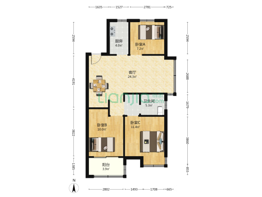 殷富花苑南苑 3室1厅1卫 90平方