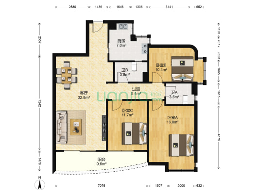 日美名轩 3室1厅2卫 111平方