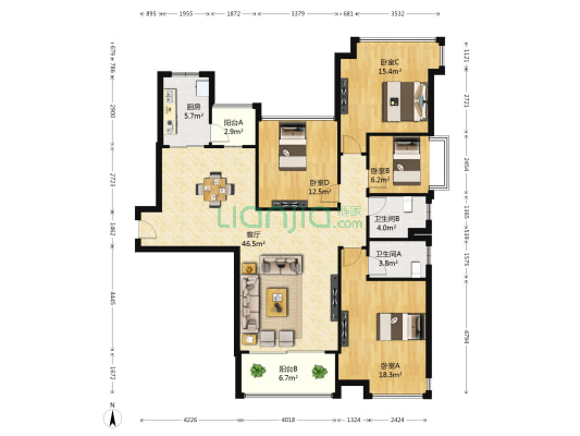 恒大绿洲 4室1厅2卫 153平方