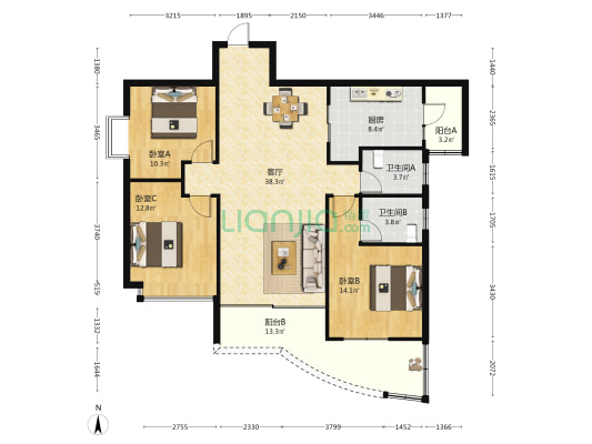 阳光国际 3室1厅2卫 137平方