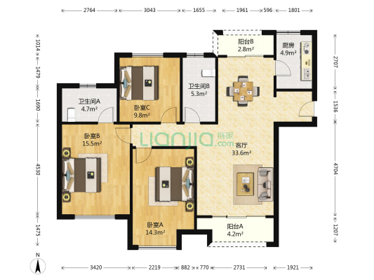 绿地与湖 3室1厅2卫 132平方