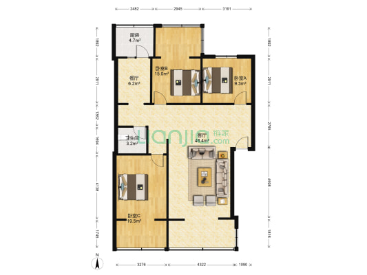 玉洁西街1号 3室2厅1卫 108平方
