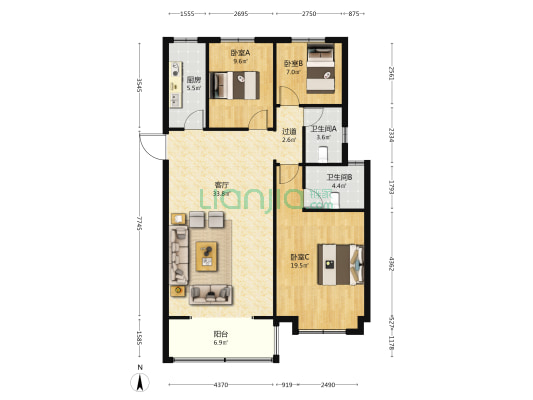翰林琴苑 3室1厅2卫 128平方