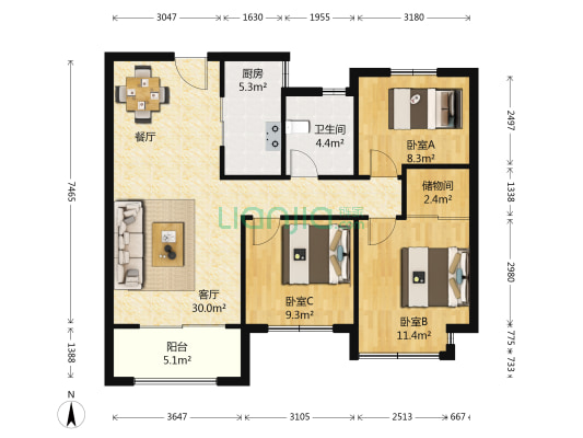 保利中央公园 3室1厅1卫 98平方