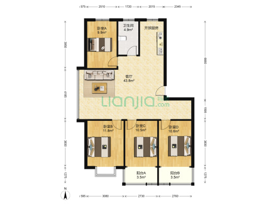 东方花园(胶州) 4室1厅1卫 133平方
