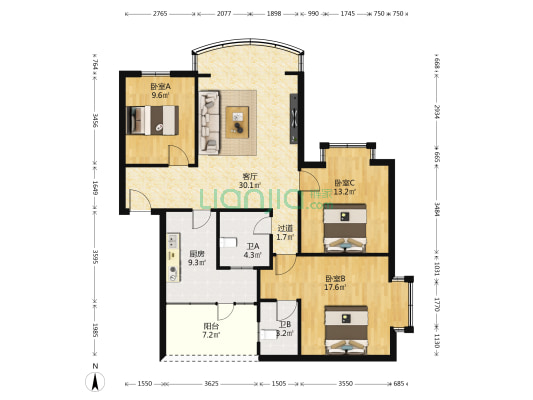 丽江苑A区 3室1厅2卫 113平方