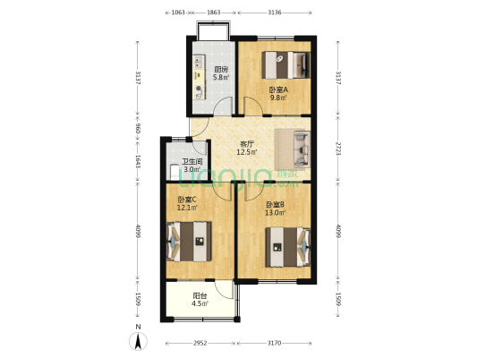 教委小区 3室1厅1卫 76平方