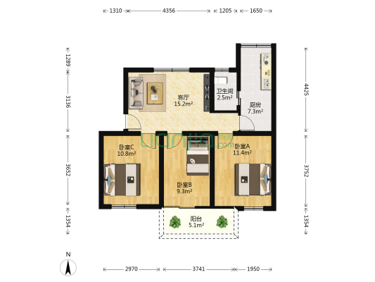 海洋研究所宿舍 3室1厅1卫 78平方