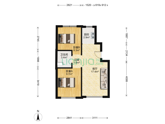 绿地中央广场 2室1厅1卫 65平方
