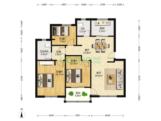 庆丰小区南区 3室2厅2卫 98平方
