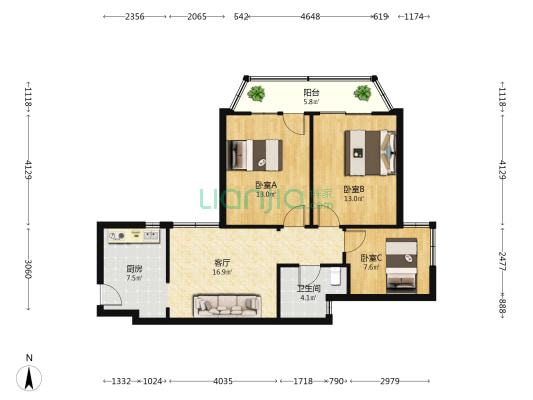 银杏公寓 3室1厅1卫 90平方