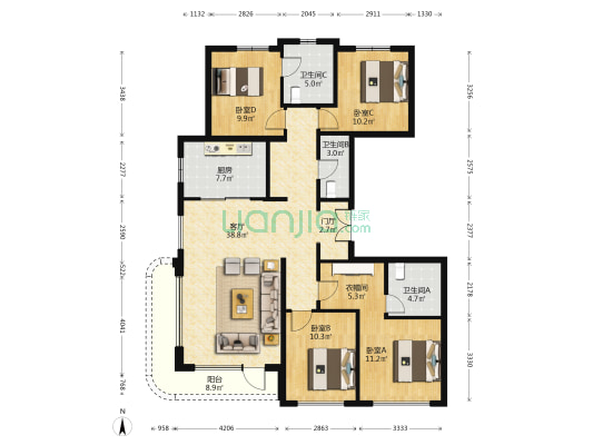 中海首钢·天玺 4室1厅3卫 147平方