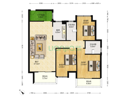 闲山悦二区 3室1厅2卫 123平方