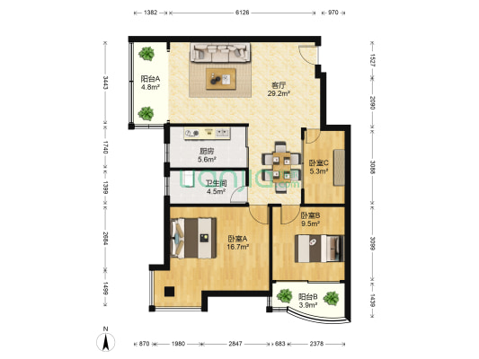 林海山庄 3室1厅1卫 90平方