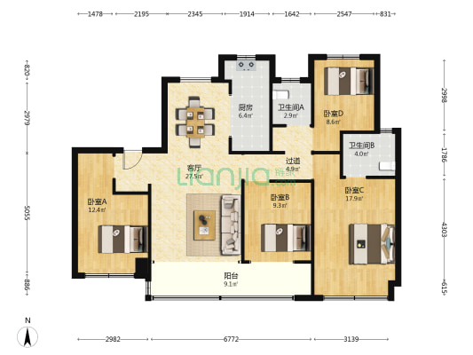 中建星光城市云领 4室1厅2卫 143平方