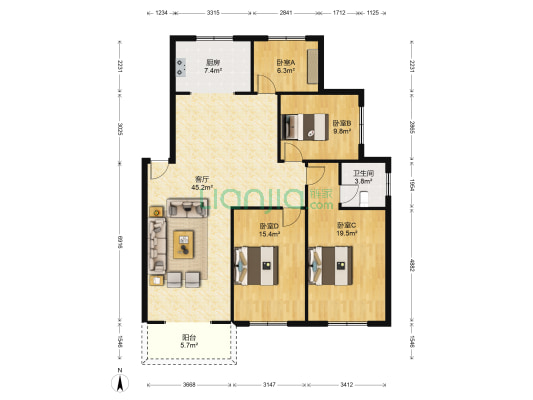 北岸名居 4室1厅1卫 132平方