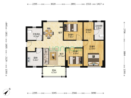 万科城三期 3室1厅2卫 91平方