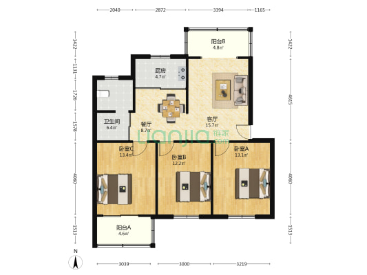 金盛南苑 3室2厅1卫 96平方