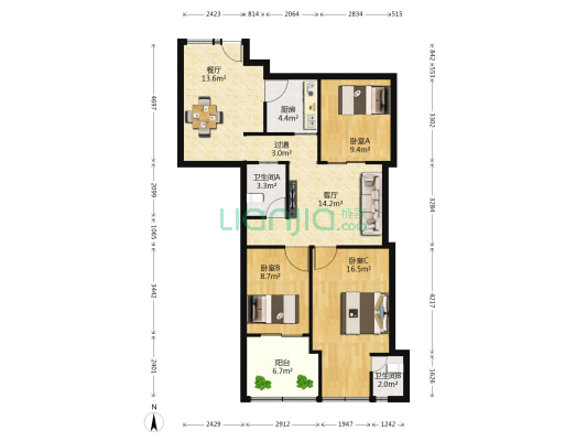 厦罐宿舍 3室2厅2卫 83平方
