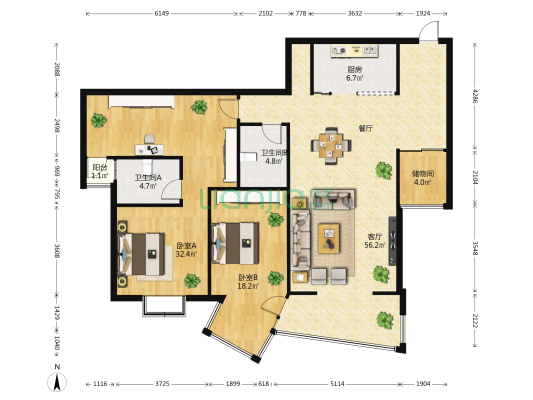 顺城高级公寓 2室1厅2卫 170平方