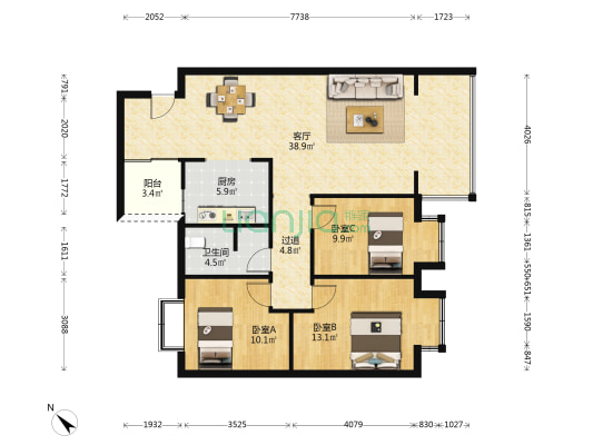 三和丽水香江北区 3室1厅1卫 98平方