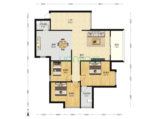 阳光国际小区 3室1厅2卫 130平方
