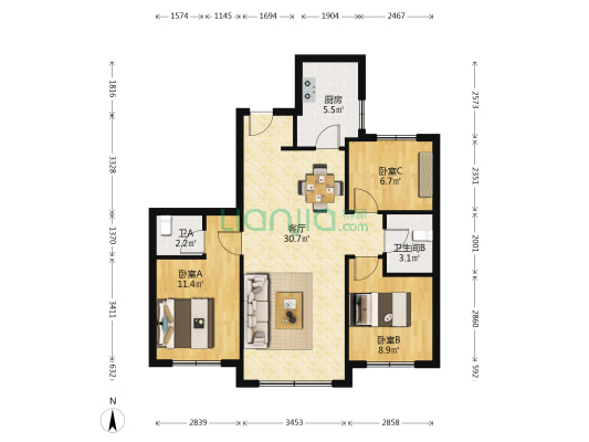 米兰颂 3室1厅2卫 97平方