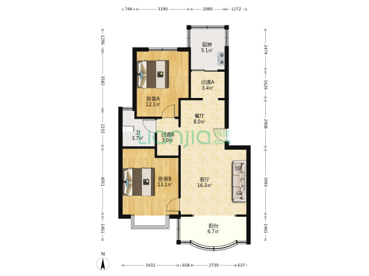 莲琼苑 2室2厅1卫 84平方