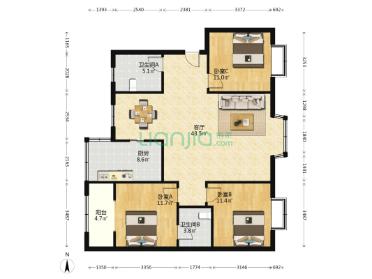 大北街28号 3室1厅2卫 118平方