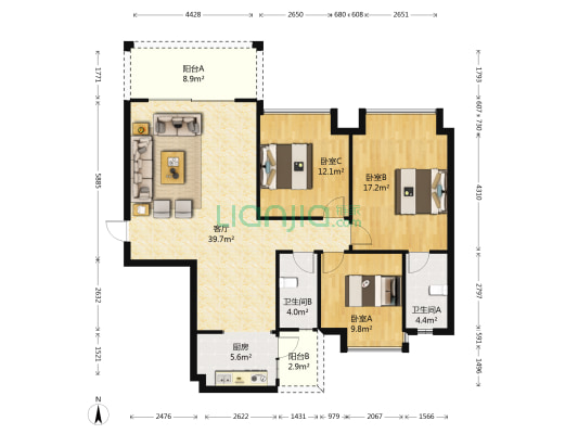 春天里花园 3室1厅2卫 120平方