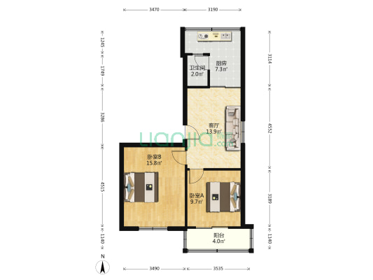 航天大厦小区 2室1厅1卫 54平方
